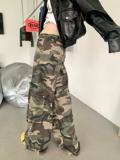 Camouflage Flanging Low Waist Straight Pants