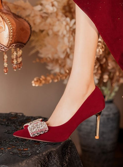 Red High Heels Pointed Stilettos Bows Wedding Shoes