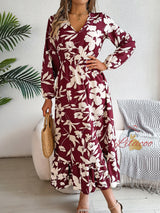 Leisure Flower Long Sleeve Ruffled Dress