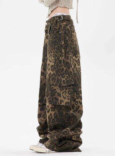 Leopard Print Pocket Straight Loose Jeans