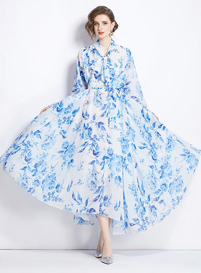 Retro Chiffon Printed Long Sleeve Slim Dress