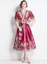 Vintage Palace Style Printed V-neck Big Swing Dress