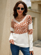 Women V-neck Leopard Sweater