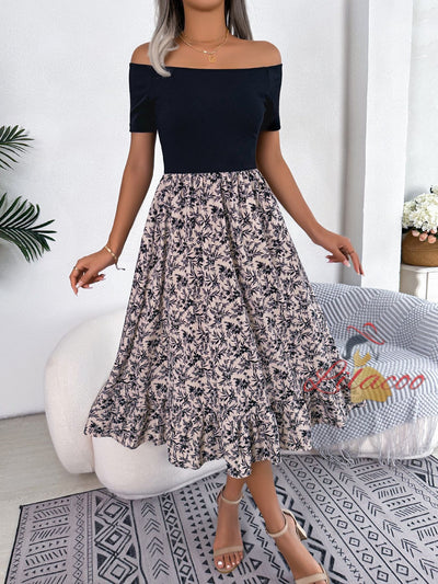 Casual Off-the-shoulder Print Mid-length Dress