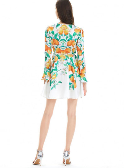 Lotus Leaf Sleeve V-neck Print Long Sleeve Dress