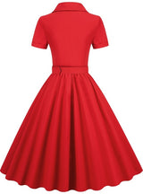 Retro Solid Color Belt Button Dress