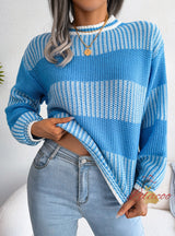 Leisure Contrast Striped Long Sleeve Knitted Sweater