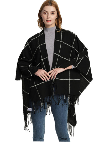 Large Plaid Fringed Split Shawl