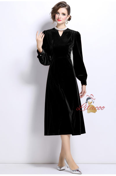 Retro Long Sleeve V-neck Velvet Dress