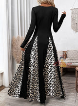 Leopard Print Stitching Retro High Waist Long Sleeve Dress