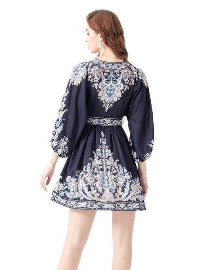 Palace Stand-up Lantern Sleeve Printed Dress