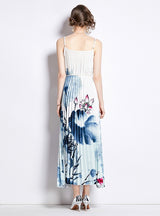 White Printed Sling Pleated Dress