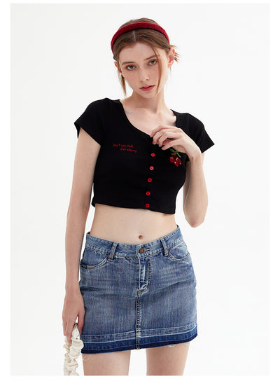 Embroidered Button Short T-shirt