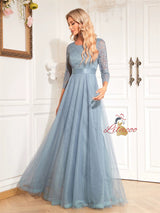 Blue Tulle Lace Long Sleeve Prom Dress