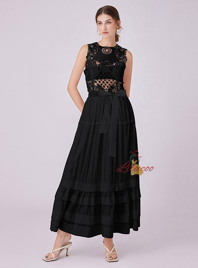 Summer Round Sleeveless Lace Stitching Dress