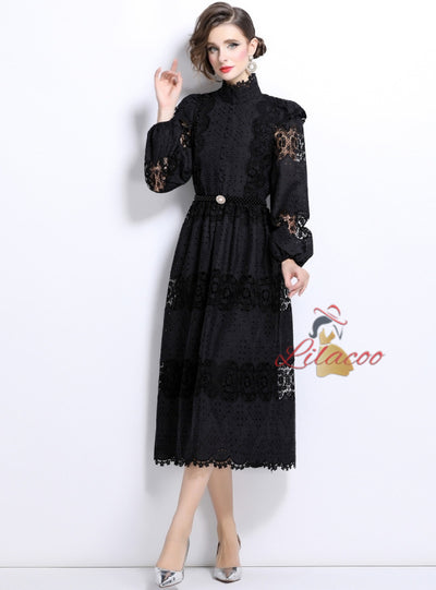 Slim-fit Stitching Lace Dress with Pearl Belt