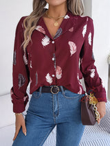 Feather Printed Suit Collar Long Sleeve Shirt