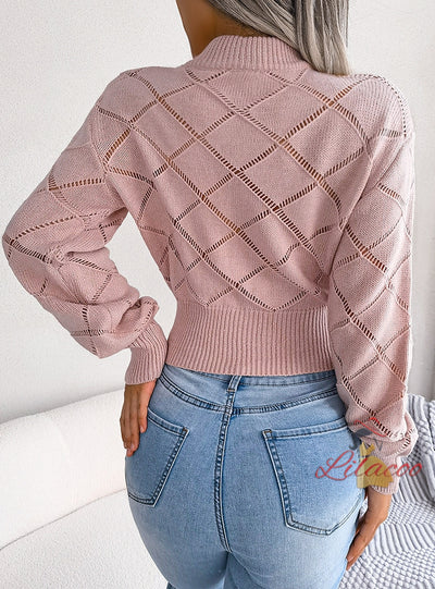 Hollow Plaid Long Sleeve Knitted Sweater