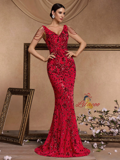 Red Mermaid Sequins V-neck Prom Dress