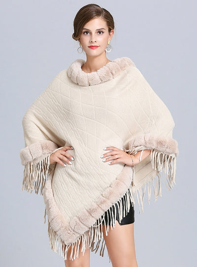 Wool Neck Jacquard Pullover Fringed Cloak Shawl