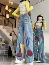 Retro Painted Hole High Waist Loose Jeans