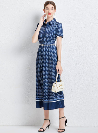 Pleated Shirt Collar Short Sleeve Dress