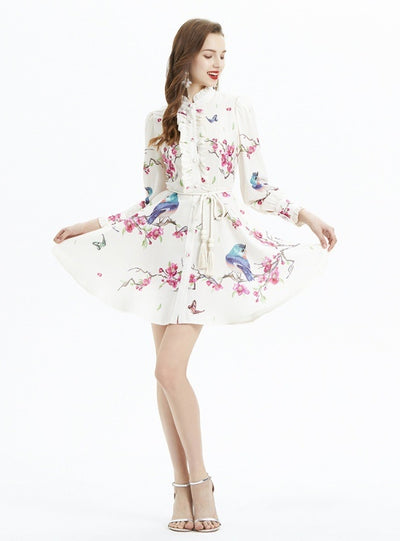 Lantern Sleeve Printed Long-sleeved Ruffled Dress