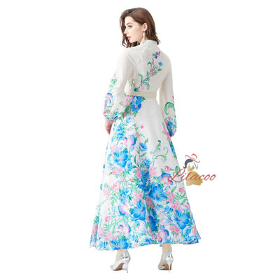 Retro Stand-up Collar Single-breasted Printed Long Dress