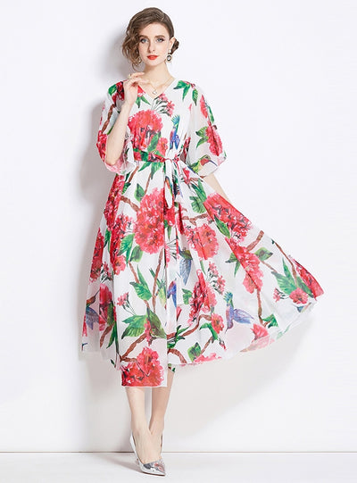 Retro Printed V-neck Plus Size Loose Dress