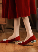 Thick-heeled Suede Red Wedding Shoes