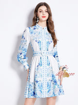 Retro Palace Stand-up Collar Breasted Lantern Sleeve Dress