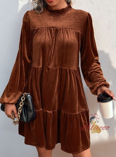 Women Long Sleeve Velvet Pleats Dress