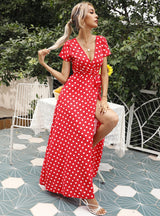 V Neck Short Sleeve Beach Sundress Casual Dot Print Long Dress