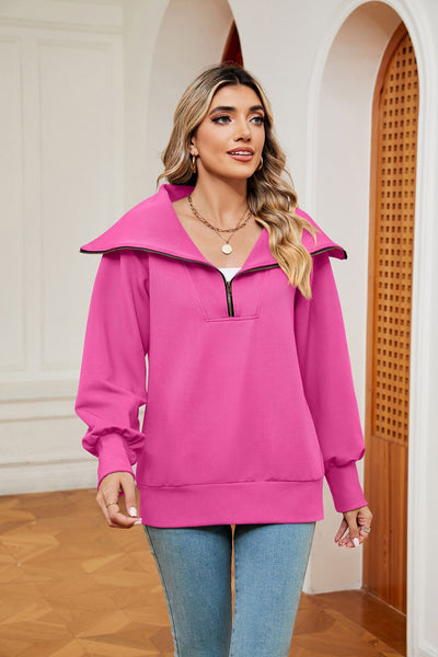 Long Sleeve Zipper Lapel Pullover Top