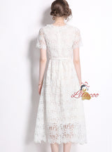 Women Lace Short Sleeve Doll Collar Dress