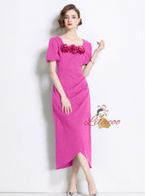 Square Collar Three-dimensional Flower Slim Short-sleeved Dress