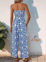 Fashion Blue Printed Elastic Waist Jumpsuit