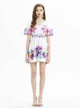 Plant Printed Bubble Sleeve V-neck Ruffled Dress