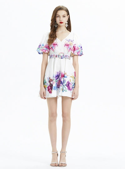 Plant Printed Bubble Sleeve V-neck Ruffled Dress