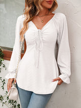 V-neck Drawstring Long Sleeve T-shirt