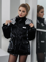 Loose and Casual Checkerboard Hooded Cotton Coat