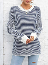 Colour Matching Round Neck Striped Pullover Sweater