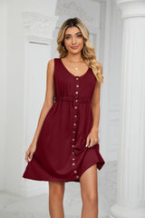 Solid Color Button Pocket Round Neck Dress