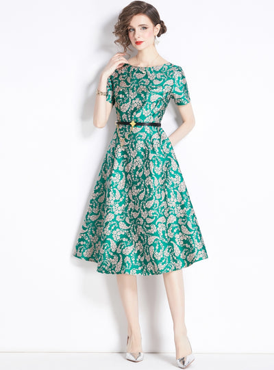 Retro Jacquard Silm Waist Dress