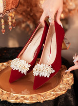 Red Thick Heels Beads Wedding Shoes