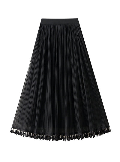 High Waist Gauze Fringed Pleats Skirt On Both Sides