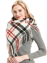 Fringed Square Scarf Black and White Plaid Shawl