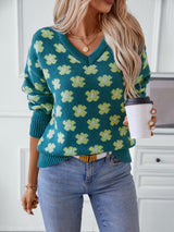 Flower Jacquard V-neck Sweater