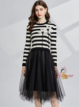 Three-dimensional Flower Round Neck Striped Contrast Dress