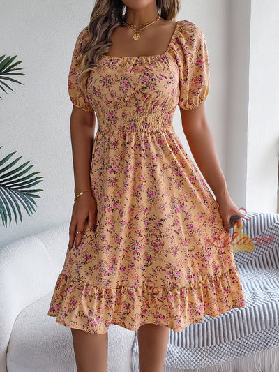 Broken Flower Square Collar Short Sleeve Dress